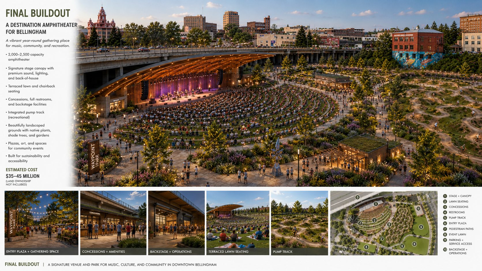 Rendering of the final buildout of the amphitheater with a signature wood canopy, full lawn seating, and a lively festival crowd.