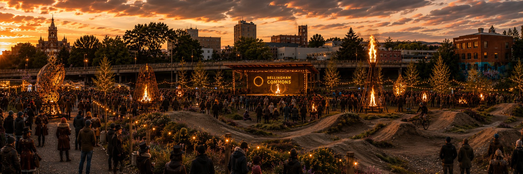 Rendering of the same stage at Bellingham Commons transformed for a Fire & Story-style evening: tall sculptural fire braziers and lanterns scattered across the grounds, a crowd gathered at dusk, downtown Bellingham's skyline behind the stage, and the pump track visible in the foreground.