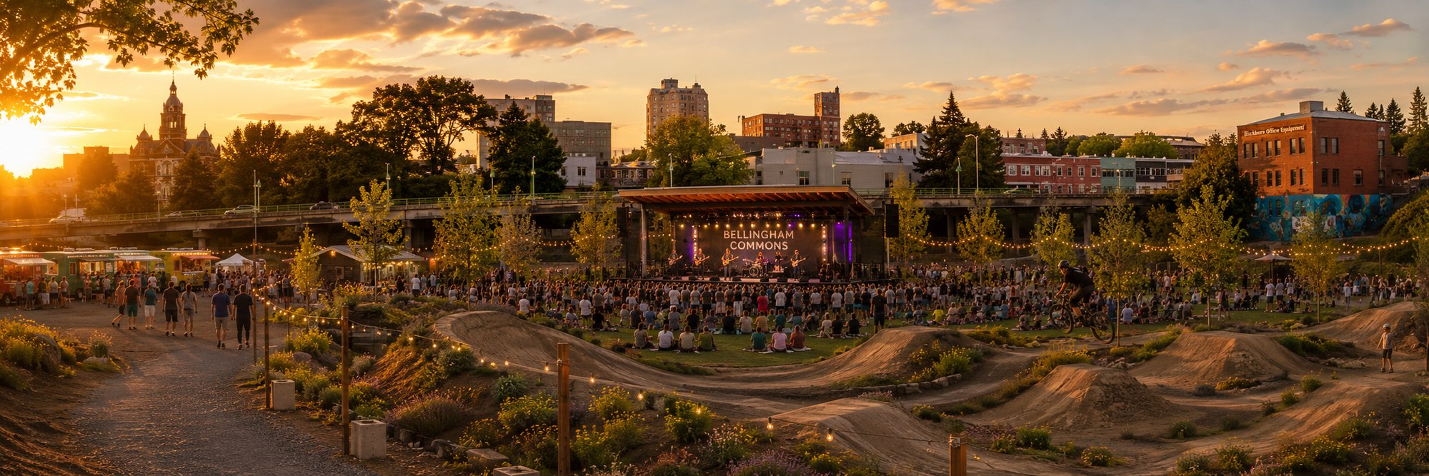 Rendering of a concert at Bellingham Commons: a crowd filling an open flat lawn in front of a wood-roofed general-admission stage lit up at sunset, downtown Bellingham's skyline and the Cornwall Avenue overpass behind the stage, string lights, food trucks, and the pump track in the foreground.
