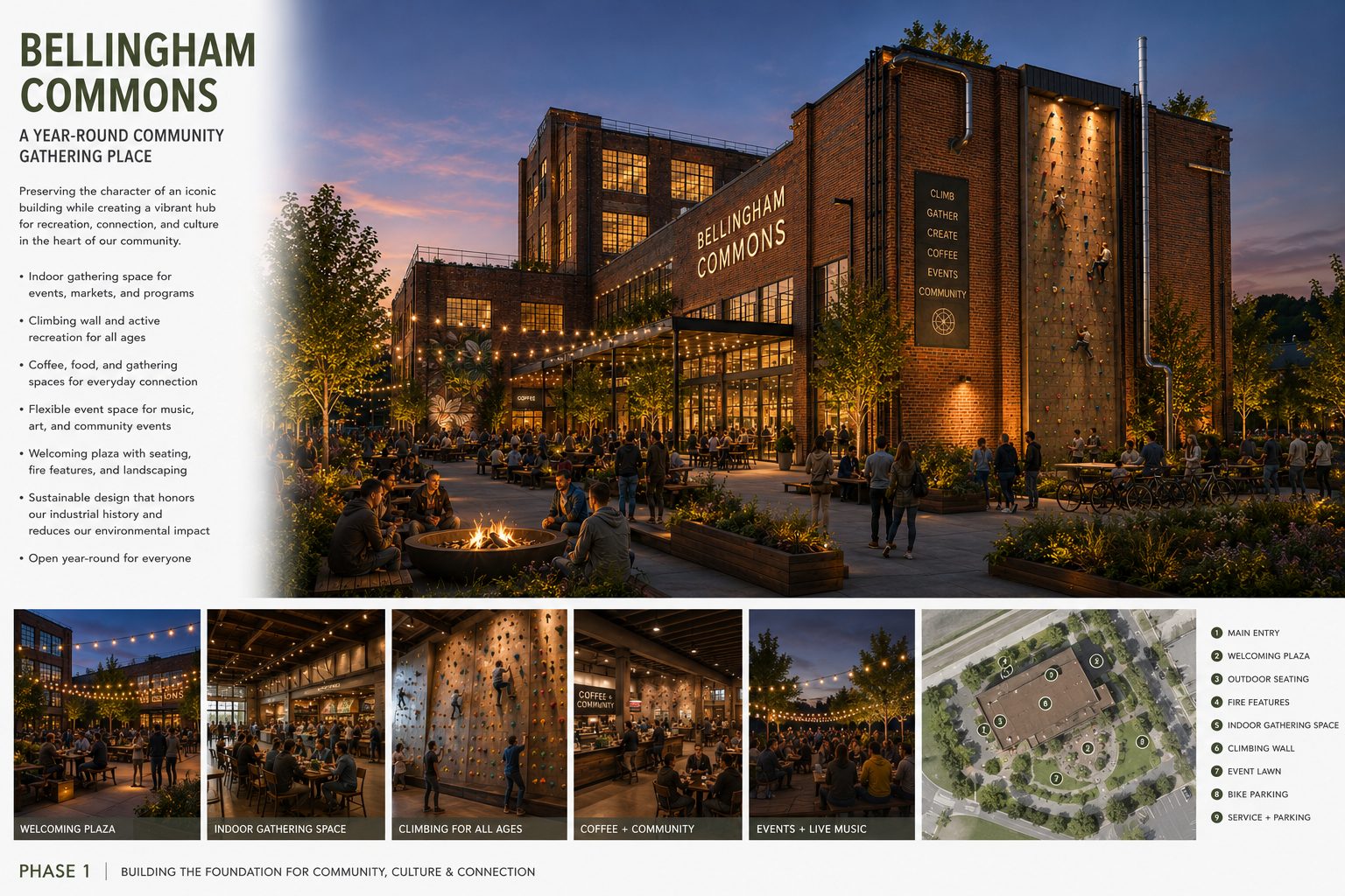 Concept board for Bellingham Commons showing the welcoming plaza, indoor gathering space, climbing wall, coffee and community area, and a site plan.