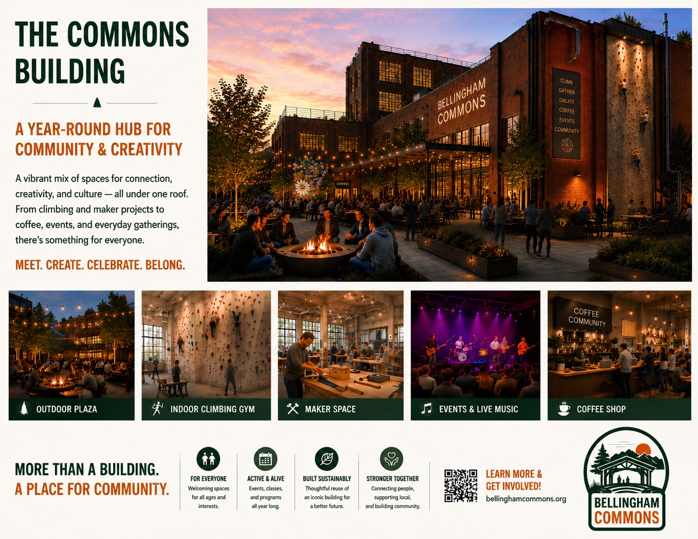 Concept board for the Commons Building (the renovated Alcohol Plant): restored brick exterior at dusk with an exterior climbing wall and a plaza with fire pits, plus panels for the outdoor plaza, indoor climbing gym, maker space, events and live music, and the coffee shop.