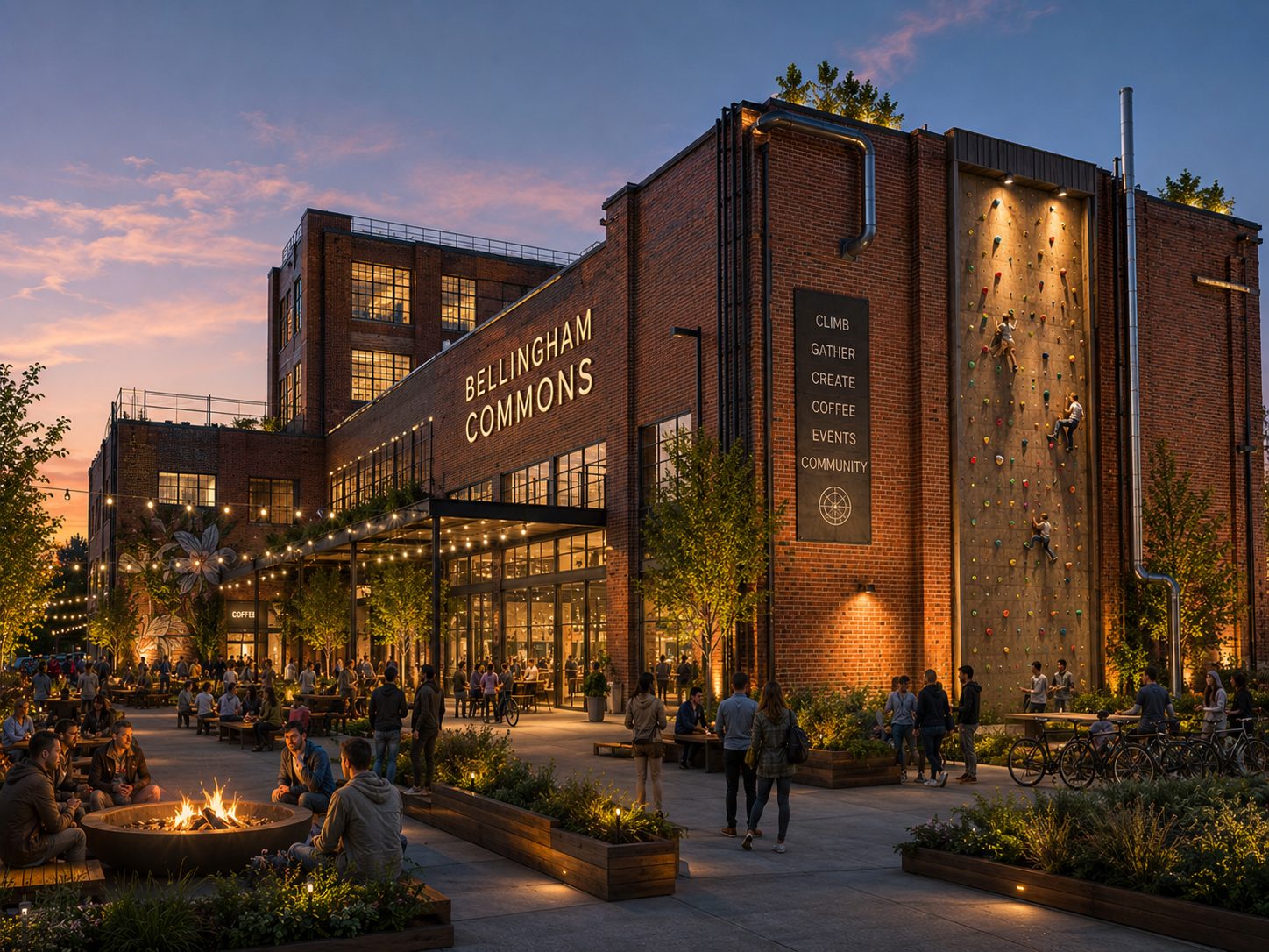 Rendering of the renovated Alcohol Plant at dusk, showing restored brick, warm lighting, an exterior climbing wall, and an outdoor plaza with fire pits.