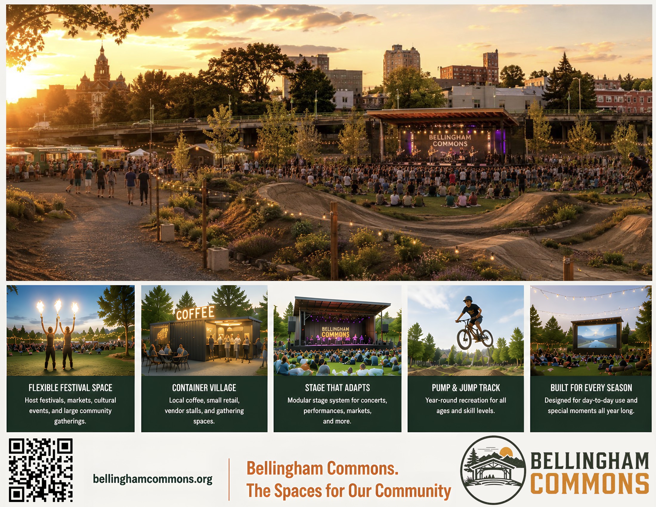 Concept board for the Bellingham Commons main stage and grounds: a golden-hour crowd scene with the stage, pump track, food trucks, and downtown skyline, plus panels for flexible festival space, the container village, the adaptive stage, the pump and jump track, and year-round use.